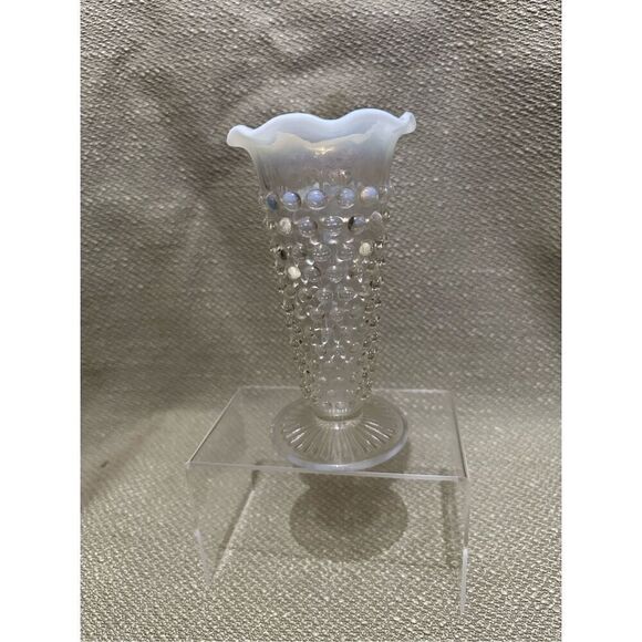 Vintage Anchor Hocking Moonstone Hobnail Glass Vase 5.5" White Opalescent Ruffle - Picture 2 of 8